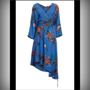 Diane von Furstenberg silk wrap dress. Blue floral print three quarter sleeve
